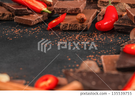 Spicy dark chocolate pieces with red chili pepper on black background Spicy dark chocolate pieces with red chili pepper on black background 135539755
