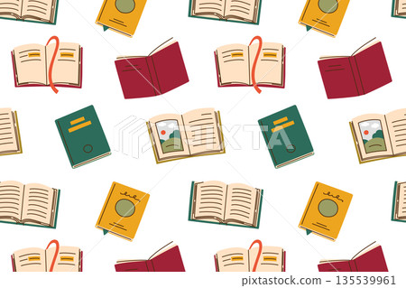 Seamless pattern with paper books for reading hobby, vector flat cartoon illustration in cozy style. Books with decorative covers and bookmarks for education, libraries, stationery Seamless pattern with paper books for reading hobby, vector flat cartoon illustration in cozy style. Books with decorative covers and bookmarks for education, libraries, stationery 135539961