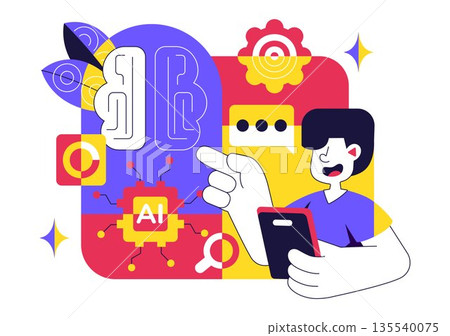 Artificial Intelligence Research Vector Illustration Featuring Data Analysis, Neural Network Technology, and Innovation in a Flat Style Background 135540075