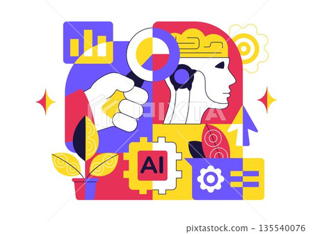 Artificial Intelligence Research Vector Illustration Featuring Data Analysis, Neural Network Technology, and Innovation in a Flat Style Background Artificial Intelligence Research Vector Illustration Featuring Data Analysis, Neural Network Technology, and Innovation in a Flat Style Background 135540076