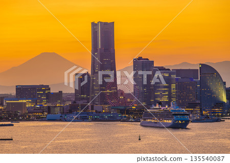 Japan's Yokohama cityscape: Asuka III, Mount Fuji, and Minato Mirai collide... the dawn of the era of luxury cruise ships in Japan Japan's Yokohama cityscape: Asuka III, Mount Fuji, and Minato Mirai collide... the dawn of the era of luxury cruise ships in Japan 135540087