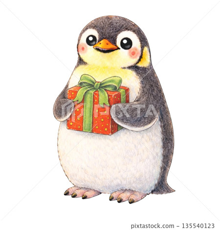 【聖誕節】帝企鵝手捧禮物的色鉛筆插畫 135540123