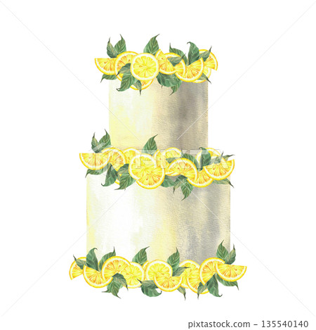 Wedding cake decorated with fresh lemon slices and leaves. Hand drawn watercolor illustration. Italian or Mediterranean bakery dessert for invitations, birthday party decor. Isolated from background 135540140