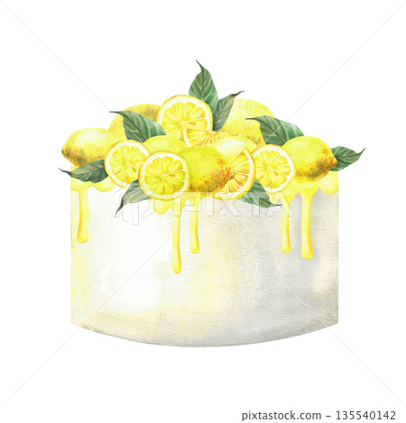 Watercolor cake with lemon fruit. Baking sponge cake, white dessert with yellow icing and whole lemons and slices with leaves. Hand drawn isolated from background clipart for wedding, birthday party. 135540142