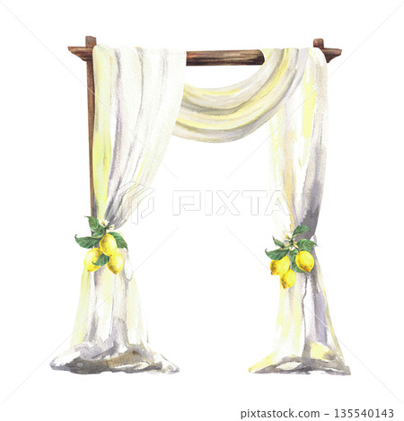 Wooden square wedding arch decorated with lemon fruit and white curtain drapery. Watercolor hand drawn isolated from background illustration for Italian, Sicilian Mediterranean style festive decor. Wooden square wedding arch decorated with lemon fruit and white curtain drapery. Watercolor hand drawn isolated from background illustration for Italian, Sicilian Mediterranean style festive decor. 135540143