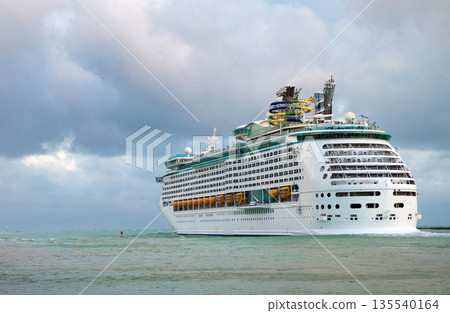 Cruise ship vacation. View on cruise ship in vacation summer. Travel at sea. Vacation on cruise ship liner. Luxury liner. Ship leaving port. Sea trip. Traveling and voyage. Copy space Cruise ship vacation. View on cruise ship in vacation summer. Travel at sea. Vacation on cruise ship liner. Luxury liner. Ship leaving port. Sea trip. Traveling and voyage. Copy space 135540164