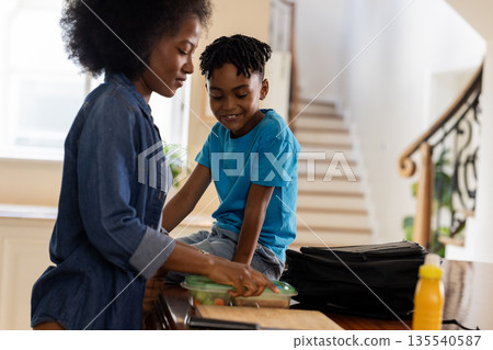 Mother preparing lunch while son sits on kitchen counter, smiling warmly Mother preparing lunch while son sits on kitchen counter, smiling warmly 135540587
