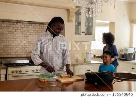 Father preparing lunch in kitchen while mother and son enjoy morning together Father preparing lunch in kitchen while mother and son enjoy morning together 135540640