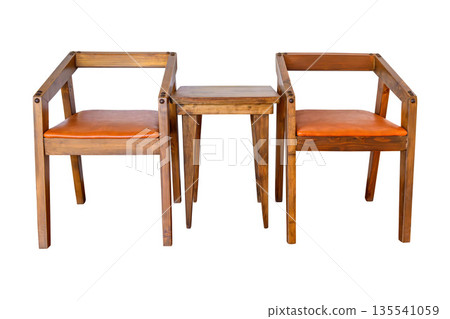 Vintage set of small wooden table and chair with leather cushion isolated on white background, Vintage set of small wooden table and chair with leather cushion isolated on white background, 135541059
