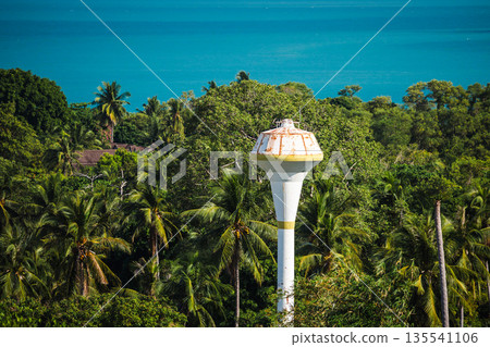 Water tower rising above tropical palm forest with turquoise sea and lush coastal landscape in bright daylight, island infrastructure surrounded by nature 135541106