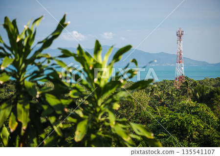 Tropical coastline with communication tower rising above lush jungle, sea and distant mountains under clear blue sky 135541107