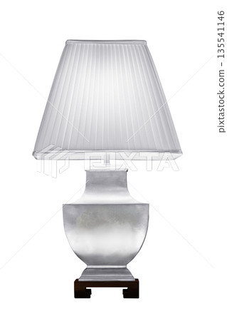 White Table lamp body Silver color with dark wooden base isolated on white background 135541146