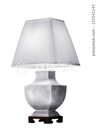 White Table lamp body Silver color with dark wooden base isolated on white background 135541147