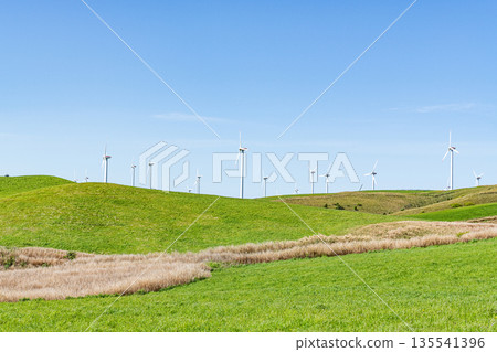 A wind power plant towering over a hill (image of natural energy) 135541396