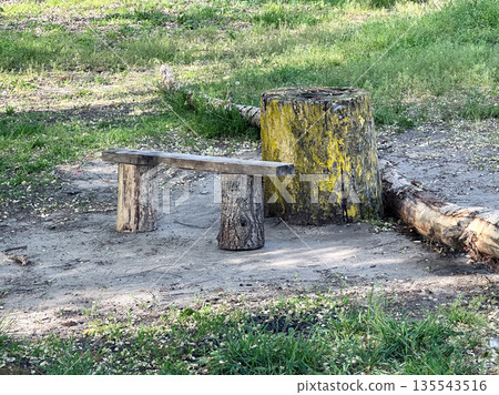 Wooden bench and tree stump in a natural park setting. Wooden bench and tree stump in a natural park setting. 135543516