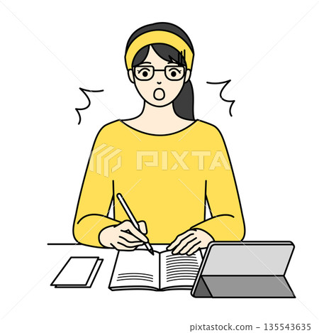 Illustration of a woman with glasses making a surprising discovery while studying 135543635