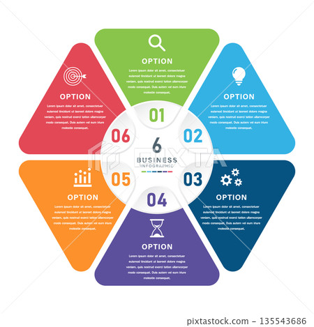 Circular Business Infographic with Six Numbered Triangular Segments and Strategic Icons Around Central Hub 135543686