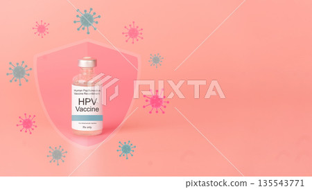 Human papillomavirus (HPV) vaccine bottle with glass shield and virus on pink background. HPV vaccine protects against certain types of HPV that can cause cervical cancer. Human papillomavirus (HPV) vaccine bottle with glass shield and virus on pink background. HPV vaccine protects against certain types of HPV that can cause cervical cancer. 135543771