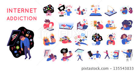 Cartoon Color Internet Addiction Scenes Concept Set Flat Design Style Person Addicted Dadget. Vector illustration of Digital Dependence Cartoon Color Internet Addiction Scenes Concept Set Flat Design Style Person Addicted Dadget. Vector illustration of Digital Dependence 135543833