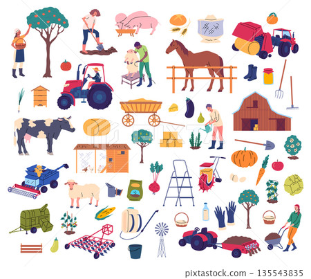 Cartoon Color Characters Farmers with Tools and Animals Agriculture Concept Flat Design Style. Vector illustration 135543835