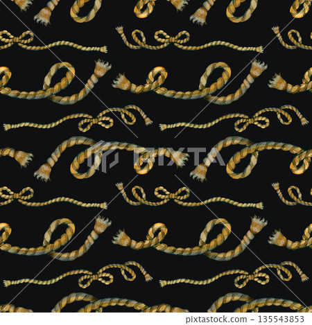 Vintage watercolor seamless pattern featuring twisted nautical ropes and sturdy sailor knots. Hand-painted maritime adventure design with hemp cords for pirate treasure maps and marine decor. 135543853