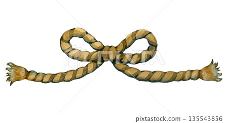 Rustic watercolor hemp rope featuring curved lines and a decorative bow knot. Hand-painted natural fiber element for farmhouse decor, coastal branding, and nautical pirate themes. Rustic watercolor hemp rope featuring curved lines and a decorative bow knot. Hand-painted natural fiber element for farmhouse decor, coastal branding, and nautical pirate themes. 135543856
