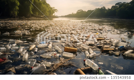 Polluted river in plastic bottles. Poor culture of consumption to achieve the progress of modern civilization gives a negative impact on the surrounding nature. Ecological catastrophe. 135543958