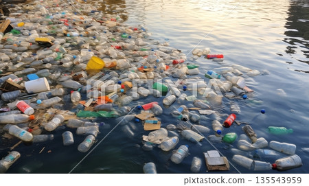 Polluted river in plastic bottles. Poor culture of consumption to achieve the progress of modern civilization gives a negative impact on the surrounding nature. Ecological catastrophe. 135543959