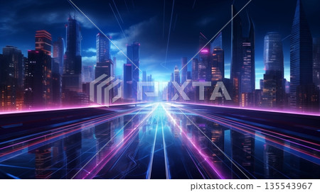 Night city street with neon illumination, metaverse technology glow buildings, perspective view from rooftop. Urban architecture, megalopolis infrastructure in darkness. Night city street with neon illumination, metaverse technology glow buildings, perspective view from rooftop. Urban architecture, megalopolis infrastructure in darkness. 135543967