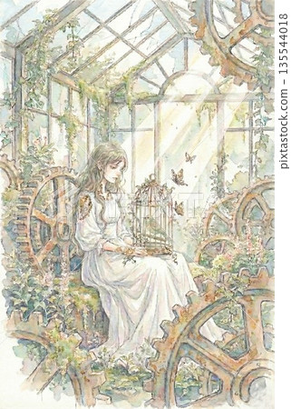 一位機械女子在溫室裡與鳥籠相伴。齒輪與植物的奇幻水彩插畫。奇幻畫廊 一位機械女子在溫室裡與鳥籠相伴。齒輪與植物的奇幻水彩插畫。奇幻畫廊 135544018