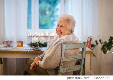 Senior woman smiling warmly on relaxed indoor portrait. 135544042