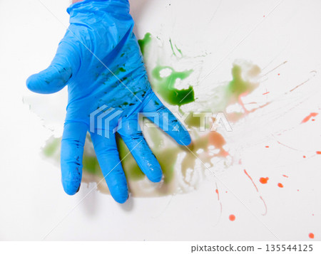 Gloved Palm Pressing Into Wet Sample, Greenish Liquid And Splatter, Tactile Mixing, Experimental Process, Gloved Palm Pressing Into Wet Sample, Greenish Liquid And Splatter, Tactile Mixing, Experimental Process, 135544125