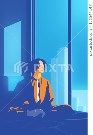 Lo-fi aesthetic art of a man sitting with pet cat against blue city skyline Lo-fi aesthetic art of a man sitting with pet cat against blue city skyline 135544147