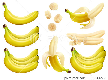 Set of 3d vector realistic illustration bananas. Banana,half peeled banana,bunch of bananas, pieces and slices of banana isolated on white background, banana icon Set of 3d vector realistic illustration bananas. Banana,half peeled banana,bunch of bananas, pieces and slices of banana isolated on white background, banana icon 135544222