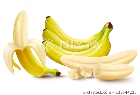 Set of 3d vector realistic illustration bananas. Banana,half peeled banana,bunch of bananas, pieces and slices of banana isolated on white background, banana icon 135544223