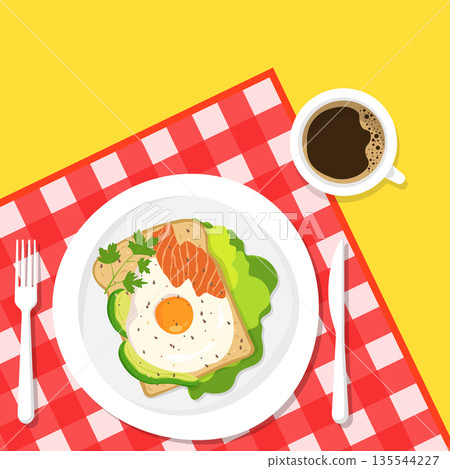 Healthy breakfast. A cup of coffee and a delicious sandwich with avocado, salmon and fried egg and herbs on the background of a checkered tablecloth. Healthy breakfast. A cup of coffee and a delicious sandwich with avocado, salmon and fried egg and herbs on the background of a checkered tablecloth. 135544227