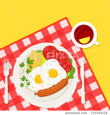 Breakfast. a cup of tea, scrambled eggs with cheese, sausage and tomato slices, toasted slices of bread and herbs . Vector illustration on the background of a checkered tablecloth, flat design Breakfast. a cup of tea, scrambled eggs with cheese, sausage and tomato slices, toasted slices of bread and herbs . Vector illustration on the background of a checkered tablecloth, flat design 135544228