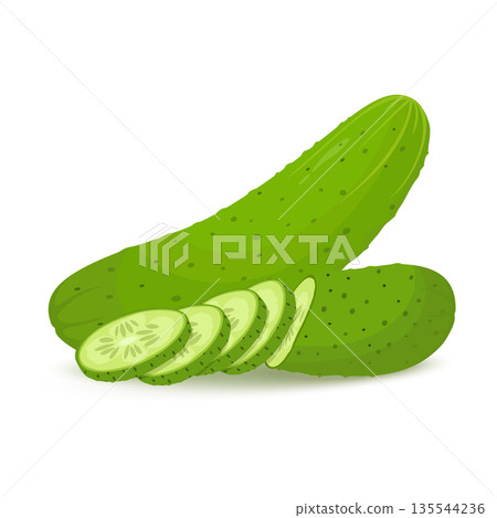 Cucumbers in flat style. Whole cucumber and slices .Vegetable organic food cucumber cut isolated on white background vector illustration Cucumbers in flat style. Whole cucumber and slices .Vegetable organic food cucumber cut isolated on white background vector illustration 135544236