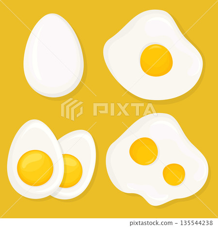 A set of differently cooked eggs. Whole egg, raw, fried egg, hard-boiled egg. Fresh tasty boiled eggs. Tasty breakfast. Vector hand drawn illustration A set of differently cooked eggs. Whole egg, raw, fried egg, hard-boiled egg. Fresh tasty boiled eggs. Tasty breakfast. Vector hand drawn illustration 135544238