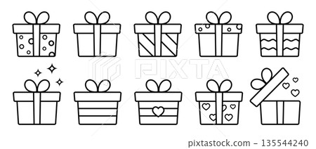 Gift box line icons set, outline vector symbol collection, linear style pictogram pack. Signs logo illustration. Set includes icons as birthday present, box with bow ribbon, surprise package 135544240