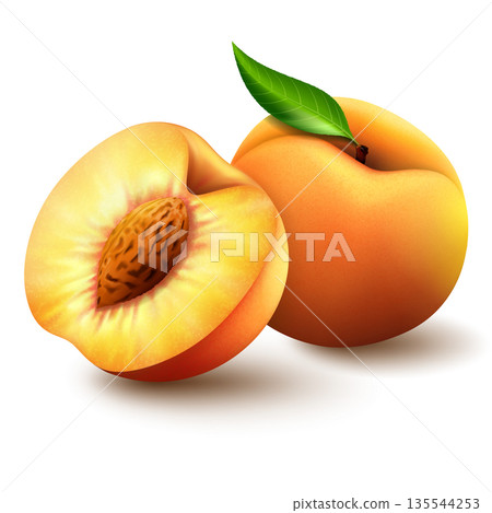 Realistic ripe peaches with green leaves, whole, half and slices. Juicy sweet fruits realistic 3d vector high detail on white background. Ripe peaches, whole and sliced. Vector illustration. Realistic ripe peaches with green leaves, whole, half and slices. Juicy sweet fruits realistic 3d vector high detail on white background. Ripe peaches, whole and sliced. Vector illustration. 135544253