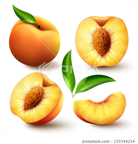 Set of Realistic ripe peaches with green leaves, whole, half and slices. Juicy sweet fruits realistic 3d vector high detail on white background. Ripe peaches, whole and sliced. Vector illustration. Set of Realistic ripe peaches with green leaves, whole, half and slices. Juicy sweet fruits realistic 3d vector high detail on white background. Ripe peaches, whole and sliced. Vector illustration. 135544254