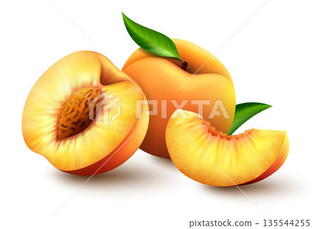 Set of Realistic ripe peaches with green leaves, whole, half and slices. Juicy sweet fruits realistic 3d vector high detail on white background. Ripe peaches, whole and sliced. Vector illustration. Set of Realistic ripe peaches with green leaves, whole, half and slices. Juicy sweet fruits realistic 3d vector high detail on white background. Ripe peaches, whole and sliced. Vector illustration. 135544255