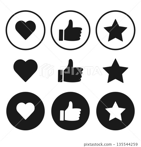 Customer review rating with heart sign, stars and thumb-up. Vector icon set 135544259