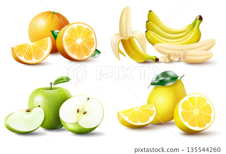 Set of realistic juicy fruits apple, banana orange, lemon. Whole and halved fruits, fruit wedges. High quality vector image isolated on white background Set of realistic juicy fruits apple, banana orange, lemon. Whole and halved fruits, fruit wedges. High quality vector image isolated on white background 135544260