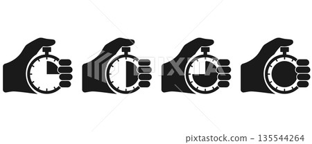 Stopwatch in hand, icon set black isolated on white background. Vector illustration flat design. Sport timer on competitions. Trainer holding stopwatch. Start, finish. Time management. Stopwatch in hand, icon set black isolated on white background. Vector illustration flat design. Sport timer on competitions. Trainer holding stopwatch. Start, finish. Time management. 135544264
