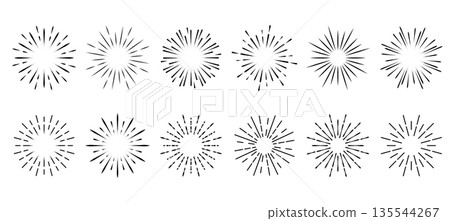 Set of light rays, sunburst and rays of sun. Design elements, linear drawing, vintage hipster style. Light rays sunburst, arrow, ribbon Vector Illustration 135544267