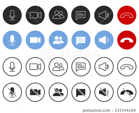 Set of Video call icons. Video conference. Collections buttons of on-line video chat app, internet talk, call technology. Web app ui display template. Videoconferencing and online meeting workspace Set of Video call icons. Video conference. Collections buttons of on-line video chat app, internet talk, call technology. Web app ui display template. Videoconferencing and online meeting workspace 135544269