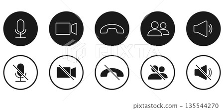 Set of Video call icons. Video conference. Collections buttons of on-line video chat app, internet talk, call technology. Web app ui display template. Videoconferencing and online meeting workspace 135544270