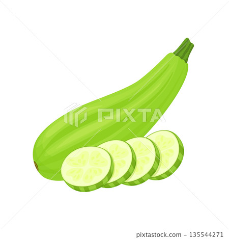Zucchini is fresh. Squash whole, half with seeds and slice in cross section.Vegetable, ingredient, the element of packaging design for food, recipes. Isolated on white vector illustration. flat style 135544271